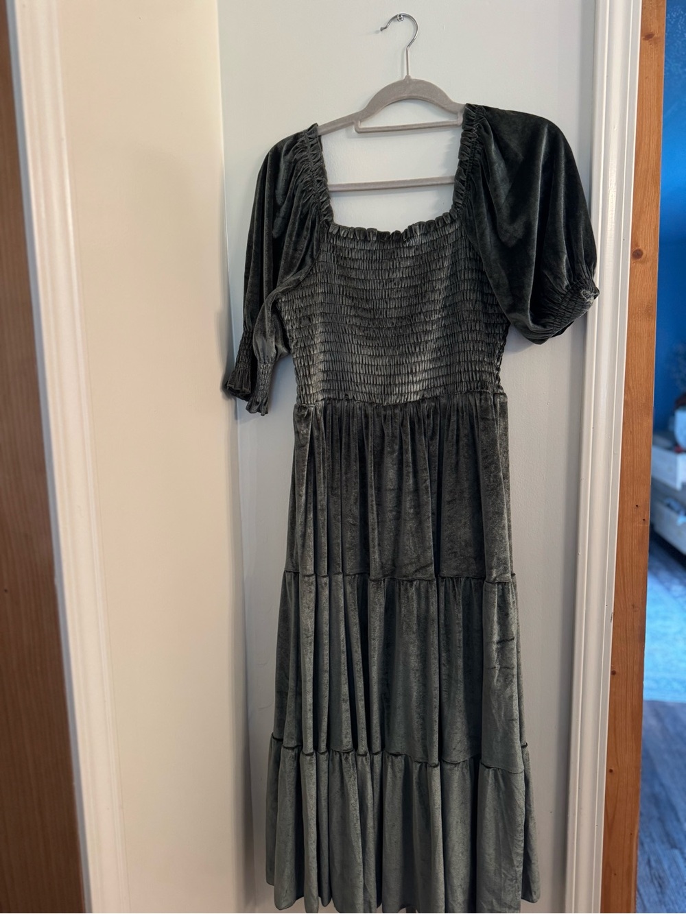 Baltic Born Olive Velvet Midi Dress with Smocked Bodice